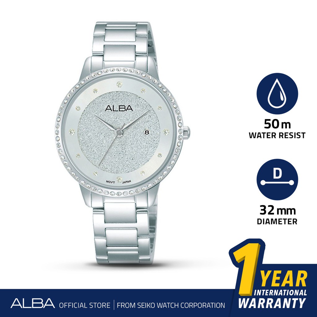 Jam Tangan Wanita Alba Fashion Quartz Stainless Steel Silver White Pattern Dial AH7W31 Original