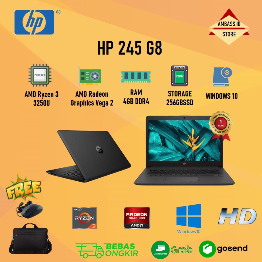 Laptop Hp 245 G8 Ryzen 3 3250U 4GB 256SSD VEGA2 W10 14.0 HD