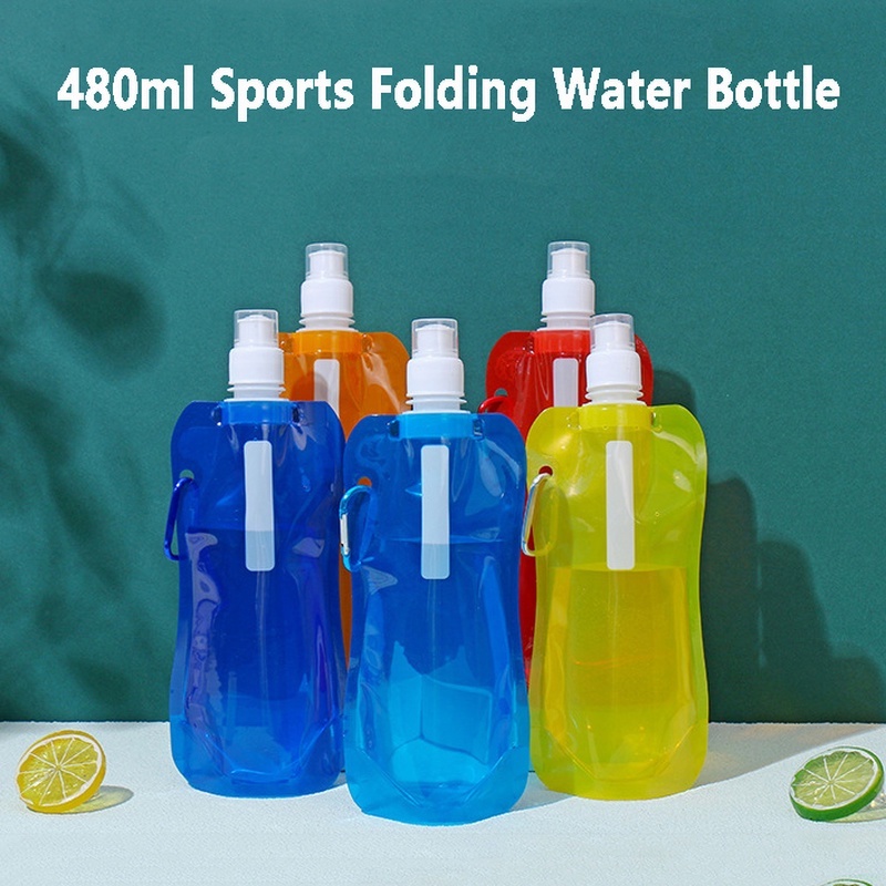 Botol Minum Lipat Portable 480ml Ultra Ringan Dengan Carabiner Untuk Outdoor / Olahraga / Hiking / Camping