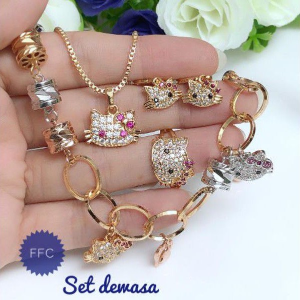 (FEB) Set Perhiasan DEWASA Lapis Emas Xuping Gelang Kalung Cincin Anting Hello Kitty Gold Silver