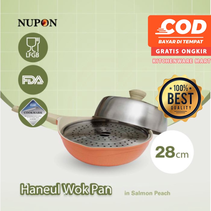 Panci Haneul Wok Pan 28cm NUPON With steamer dan stainless steel glass lid dengan glass lining Induction Bottom PFOA FREE - Premium Series - Areum Series