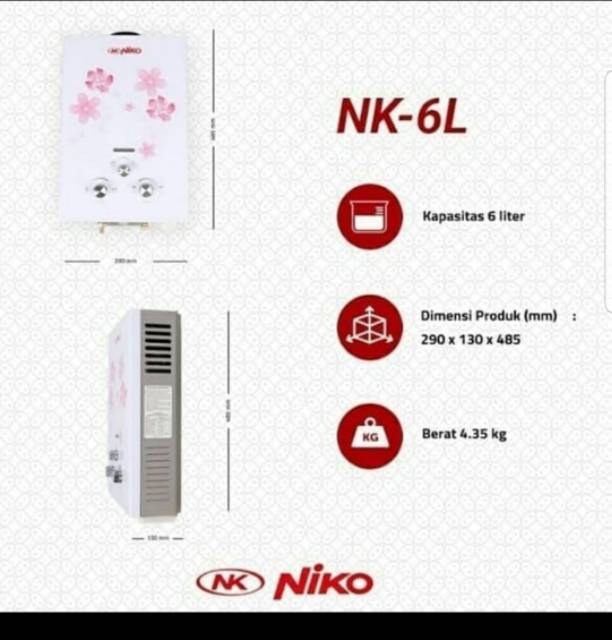 Niko Gas Water Heater Pemanas Air NK 6L NK6L 6 Liter white putih