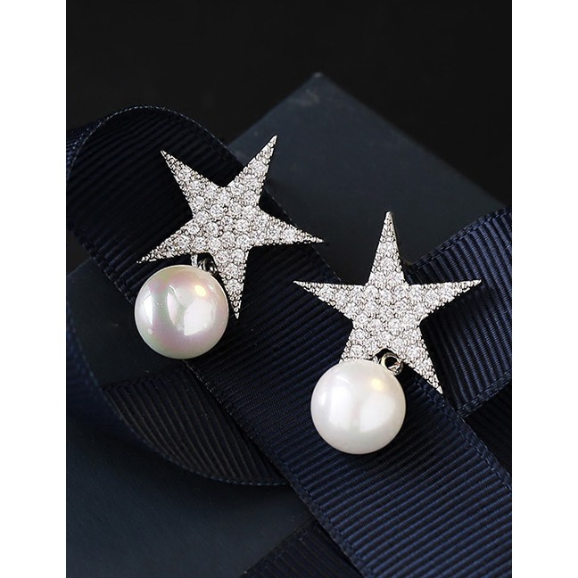 LRC Anting Tusuk Trendy Silver Color Stars&amp;pearls Decorated Pure Color Earrings E03809