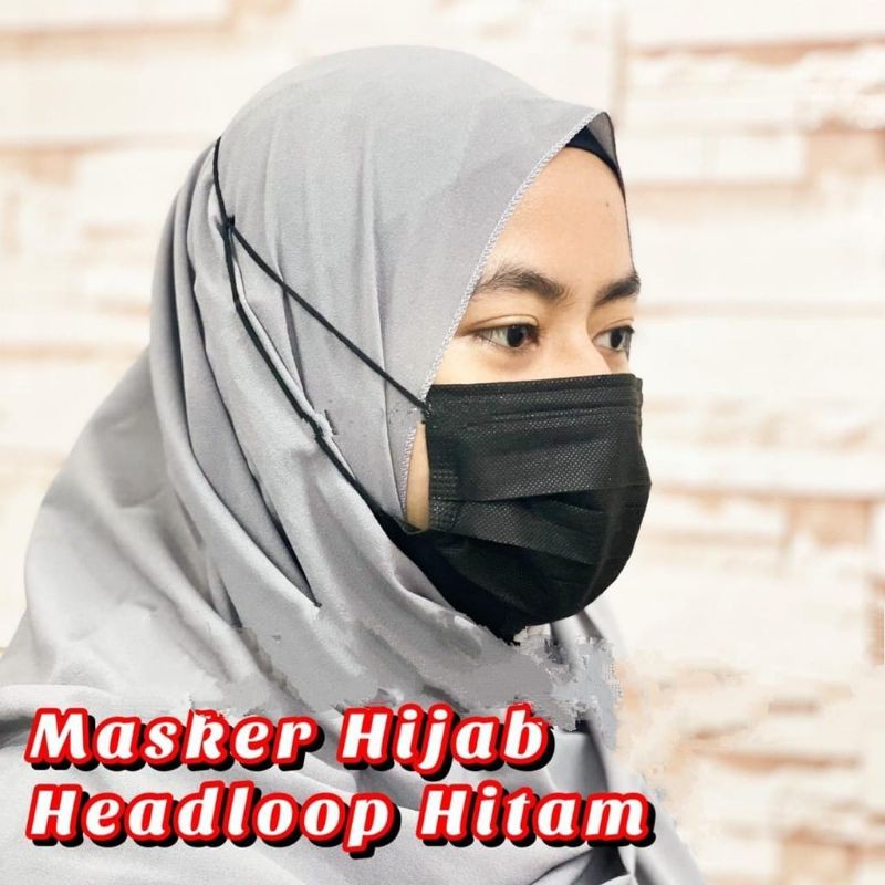 MASKER HITAM 3PLY HEADLOOP / MASKER HITAM 3PLY HIJAB isi 50pcs