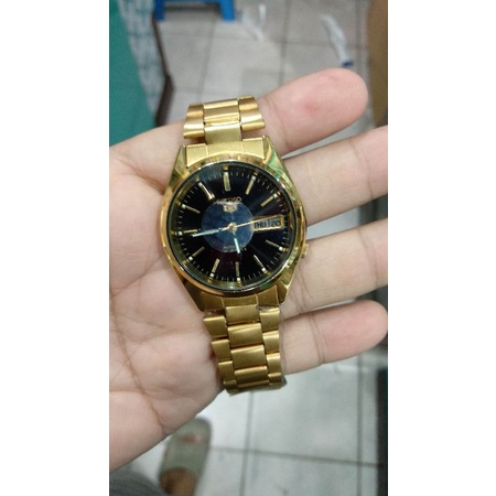 jam tangan seiko 5 automatic gold dial hitam kondisi mulus normal