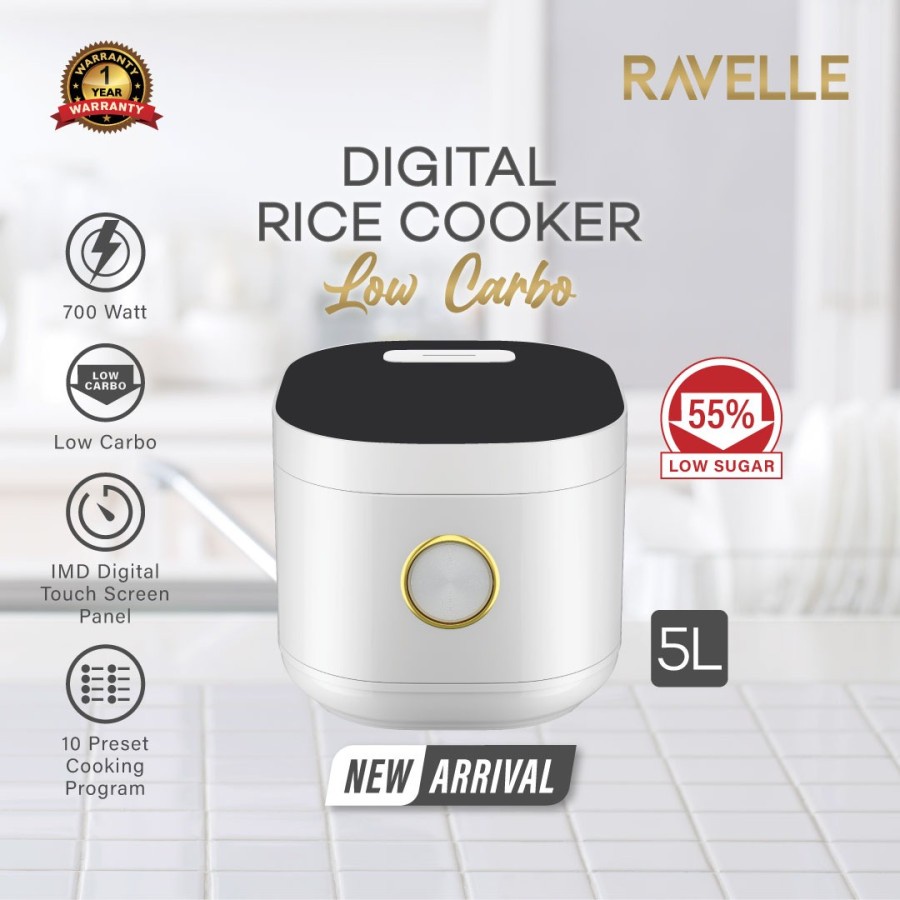 Ravelle Smart Digital Rice Cooker Low Carbo Low Sugar 5L - Pearl White