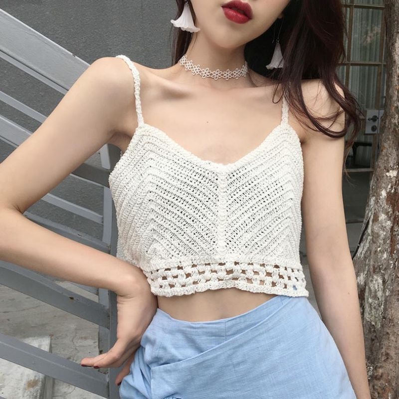 DiNaRShopQu.id Atasan Summer Crochet Rompi Lace Vest / Crop Top C388 Brukat Rajut