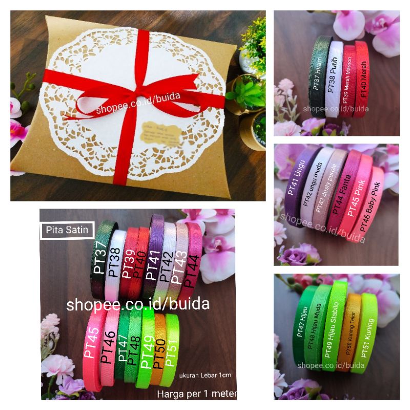 Pita Satin Lebar 1cm Ribbon Gift Kotak Kado Dekorasi Kemasan Kue Hampers Plastik Packaging Buket Bunga Balon Parcel hadiah bingkisan merah kuning hijau ungu pink hitam biru tosca lilac