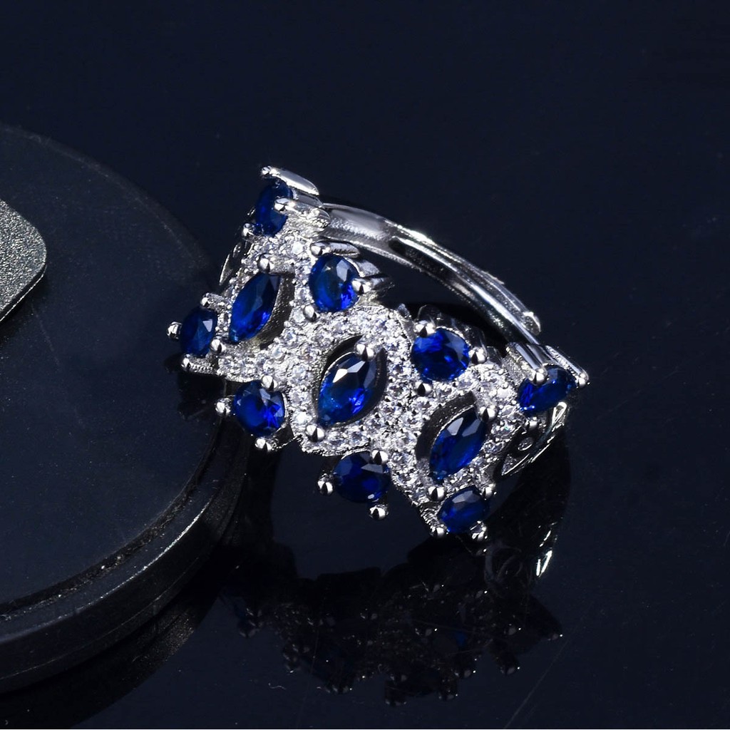 Cincin Perak 925 untuk Wanita Fashion Cincin Pt950 Platinum Biru Batu Permata Adjustable Perhiasan