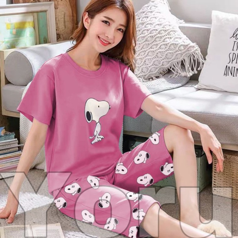 Pamelo.id Stelan C3/4 Baby Doll / Suplier Sleep Wear / Baju Tidur Wanita kaos Katun / Stelan Baju Tidur Murah Produk Terlaris Set HP-C3/4 Snopii fanta