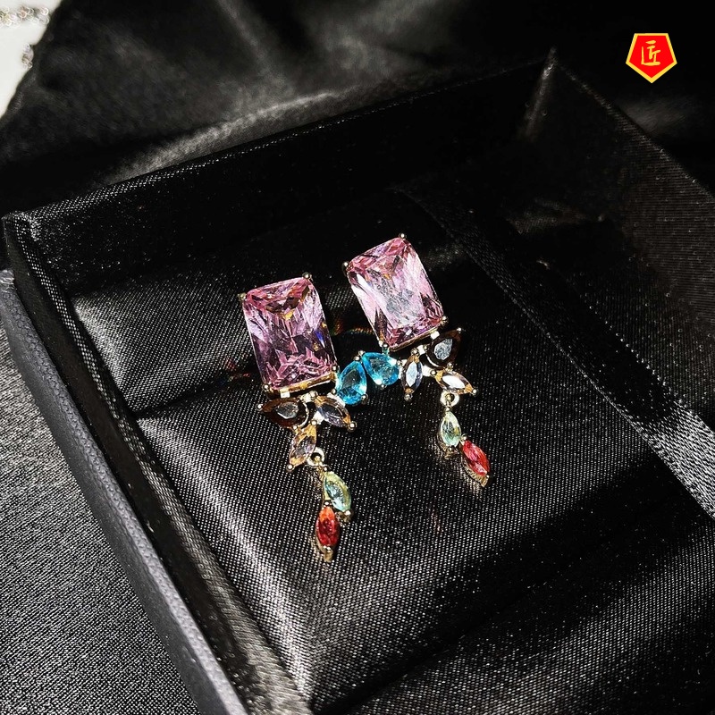 [Ready Stock]Noble Irregular Color Square Diamond Earrings