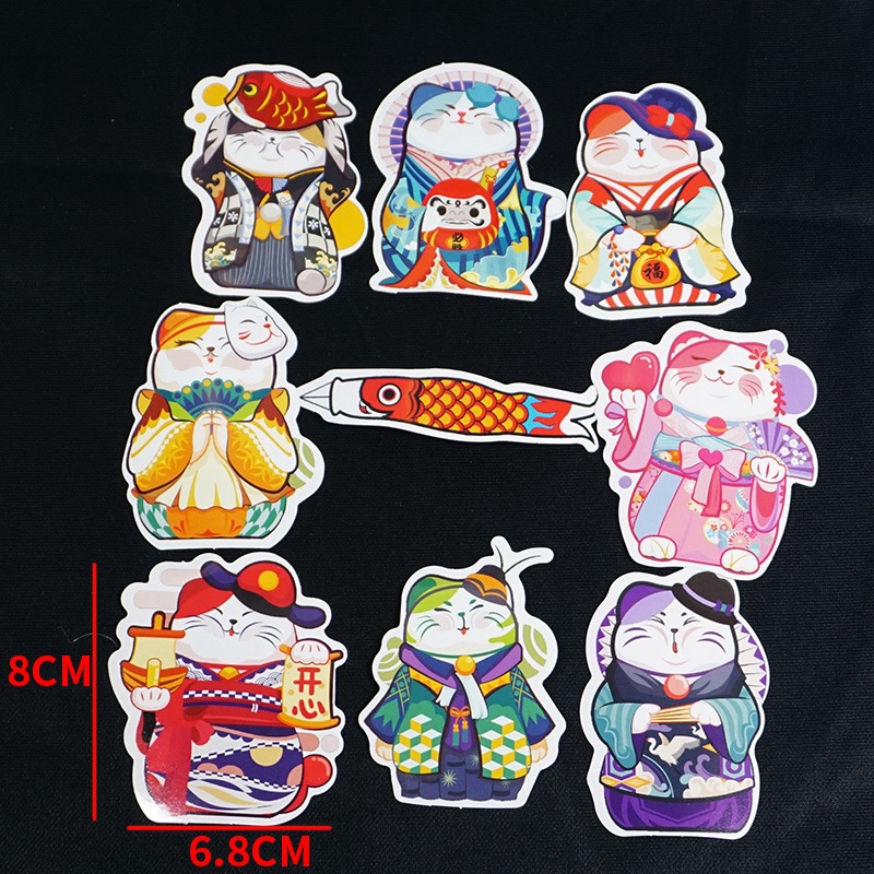 9Pcs/set Japanese Cartoon Beckoning Cat Waterproof Refrigerator Skateboard Decoration Mixed Decals Laptop Sticker