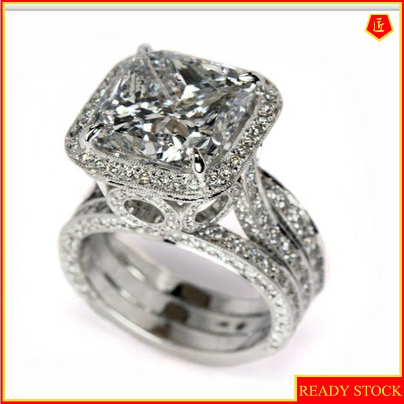 [Ready Stock]Inlaid Topaz Square Diamond Ring 925 Silver Luxury Fashion