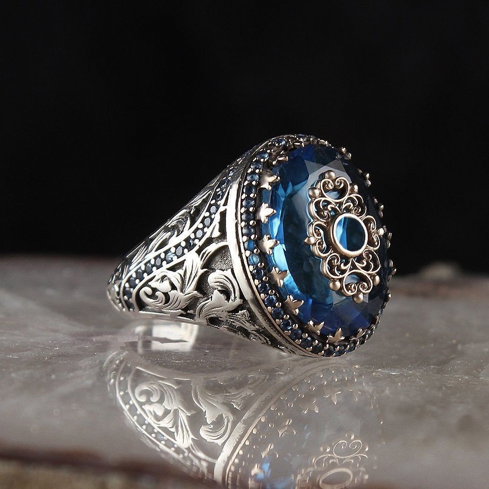 Safir Cincin Berlian Vintage Perak S925 Perhiasan Fashion Pria Punk Baja Titanium Kristal Rings