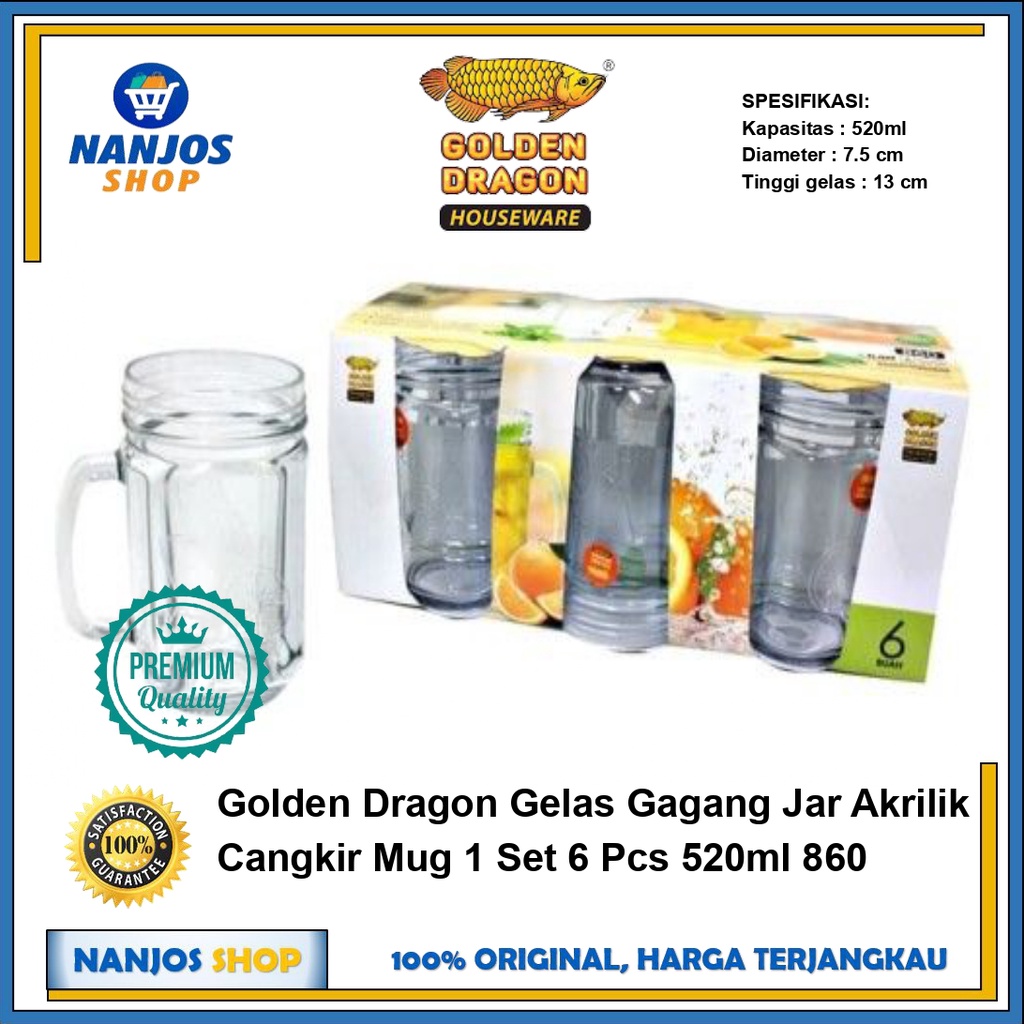 Golden Dragon Gelas Gagang Jar Akrilik Cangkir Mug Set 6 Pcs 520ml 860