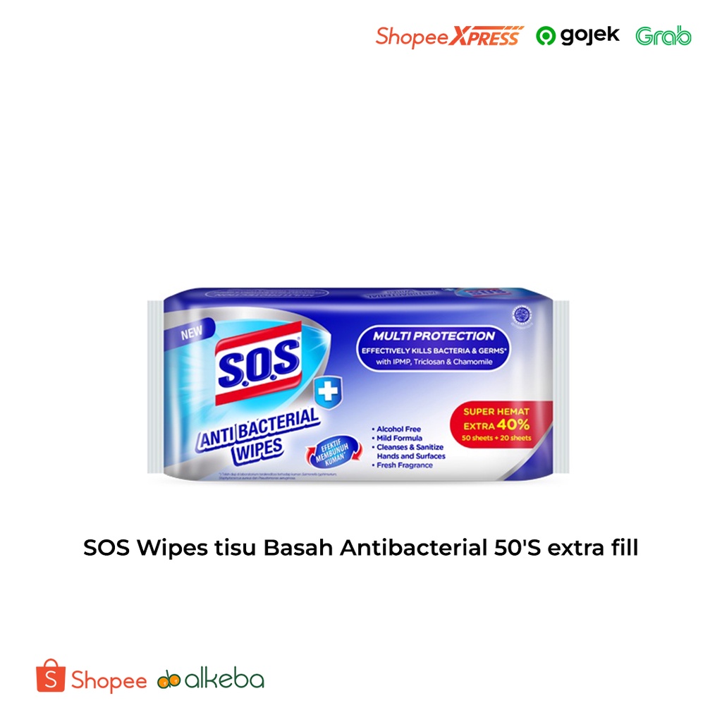 SOS Wipes tisu Basah Antibacterial 50'S extra fill