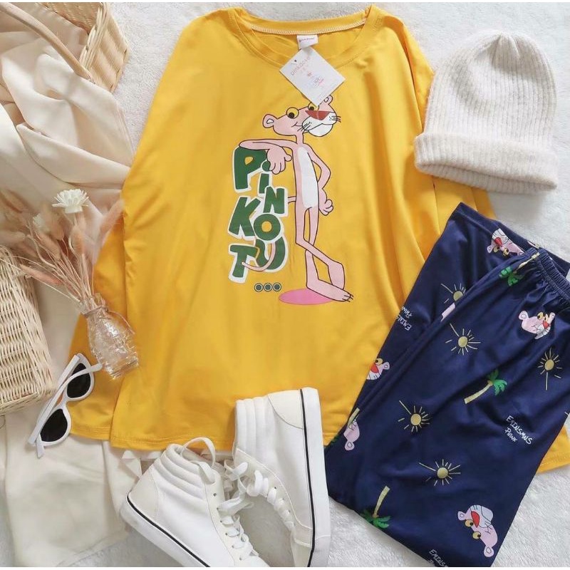 kaos pink panther mustard/kaoslenganpanjangwanitakatunlucu