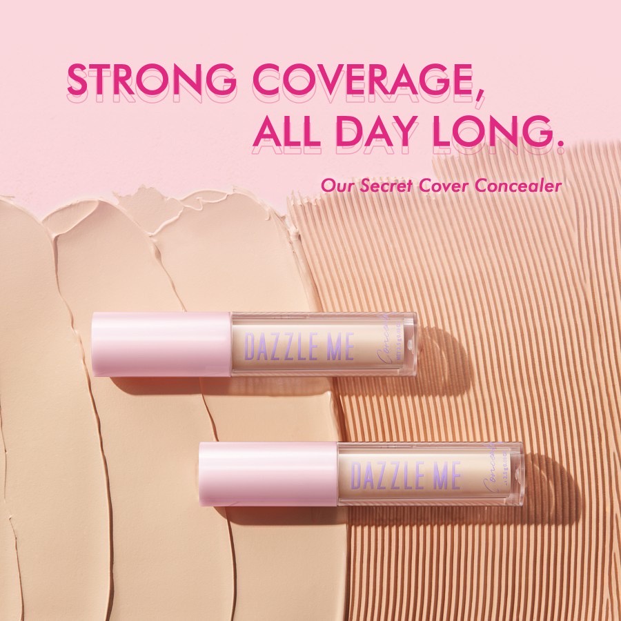 DAZZLE ME Our Secret Cover Concealer Indonesia / Maximum Coverage 12 Hours Long Lasting Fine Powder Texture Curved Brush Head 2.5g / Proof Liquid Tahan Lama Matte / Corrector Foundation / 01 Light 02 Medium / Cosmetic Makeup Face Make Up Kosmetik Wajah