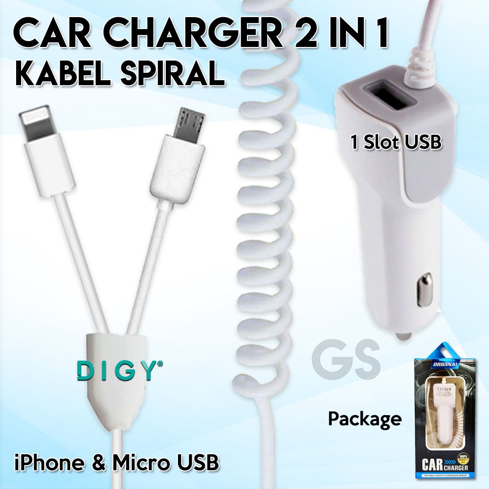 Car Charger 2 IN 1 Kabel Spiral Charger Mobil