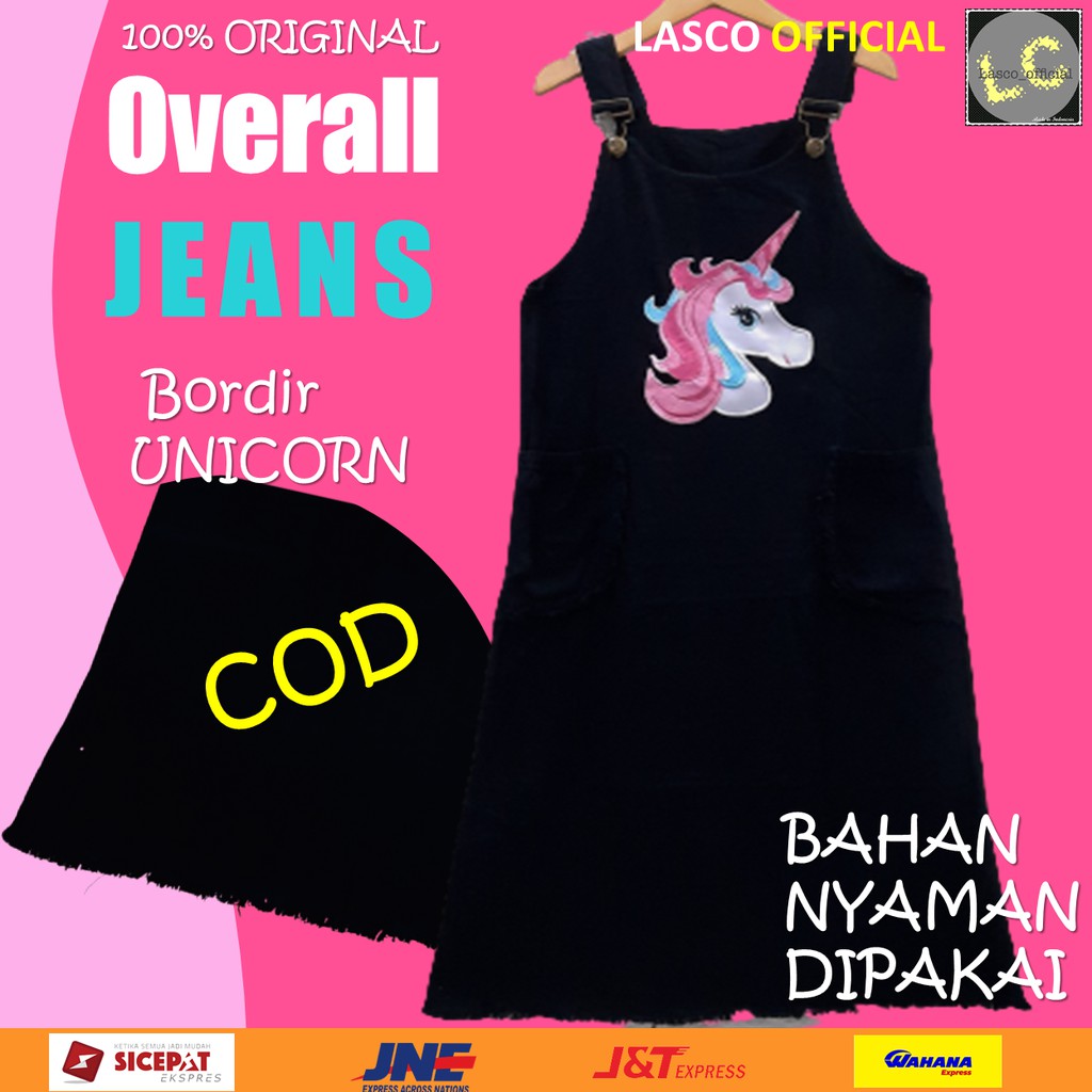 Overall Rok Jumpsuit Jeans Jins Skirt Dress Denim Anak Perempuan Wanita Cute Cat&Kuda Rawis Hitam