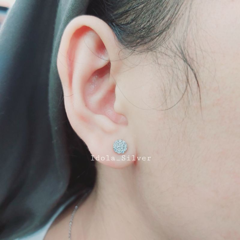 ANTING TUSUK PERAK ASLI SILVER WANITA 925 LAPIS EMAS PUTIH MODEL GIWANG BULAT PERMATA FULL - PERHIASAN PERAK WANITA ASLI