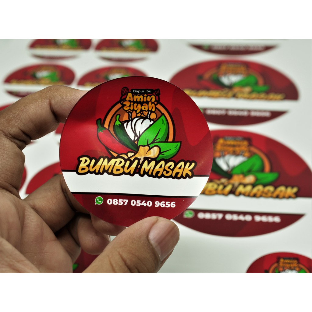

STIKER LABEL KEMASAN MINIM ORDER 10 LEMBAR, BAHAN CHROMO + POTONG POLA LINGKARAN