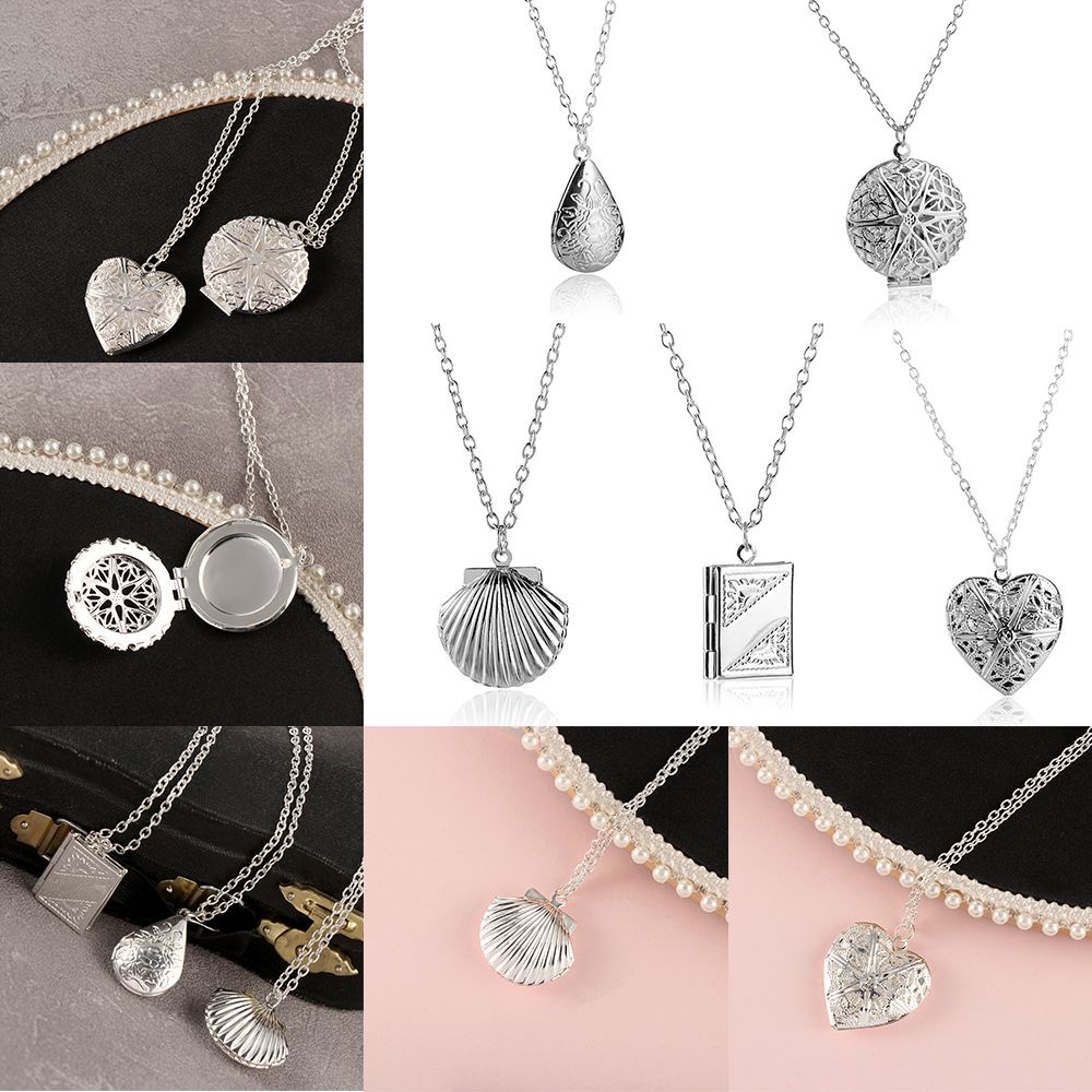 ROW New Chain Silver Picture Locket Necklaces Hollow Memory Heart Drop Shell Openable Photo Frames Pendant