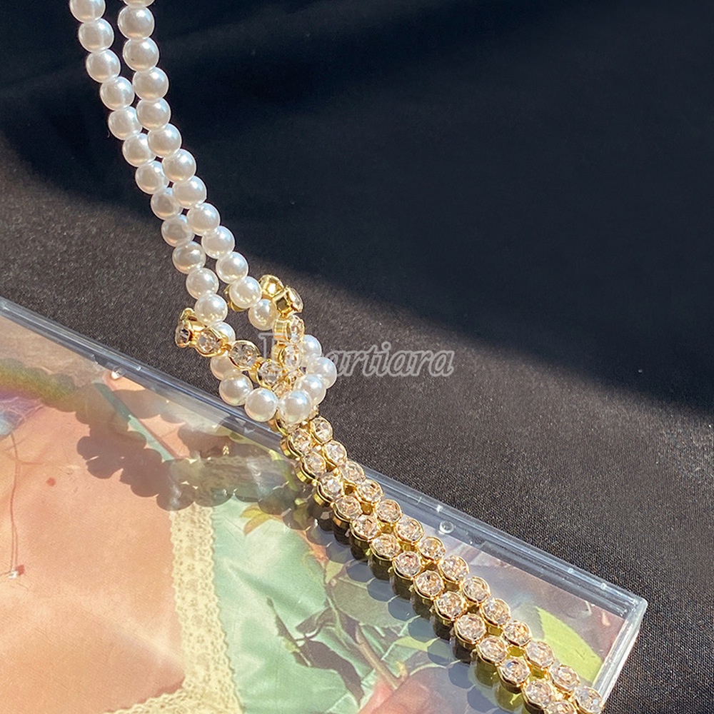 Kalung Rantai Pendek Dengan Liontin Mutiara + Berlian Imitasi Untuk Wanita