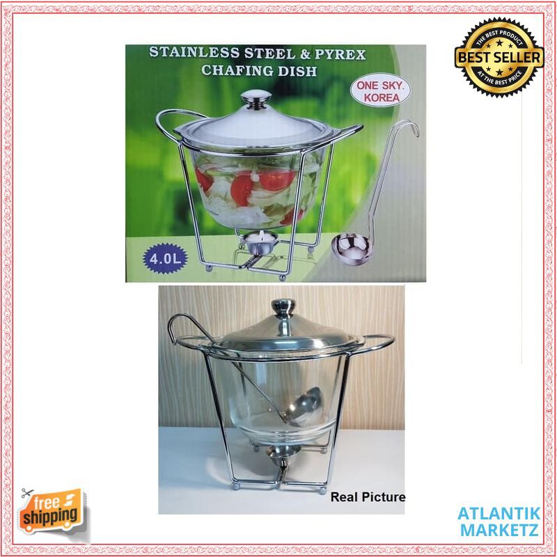 Prasmanan soup kaca/ Chafing dish stainless steel & Pyrex 4.0 L