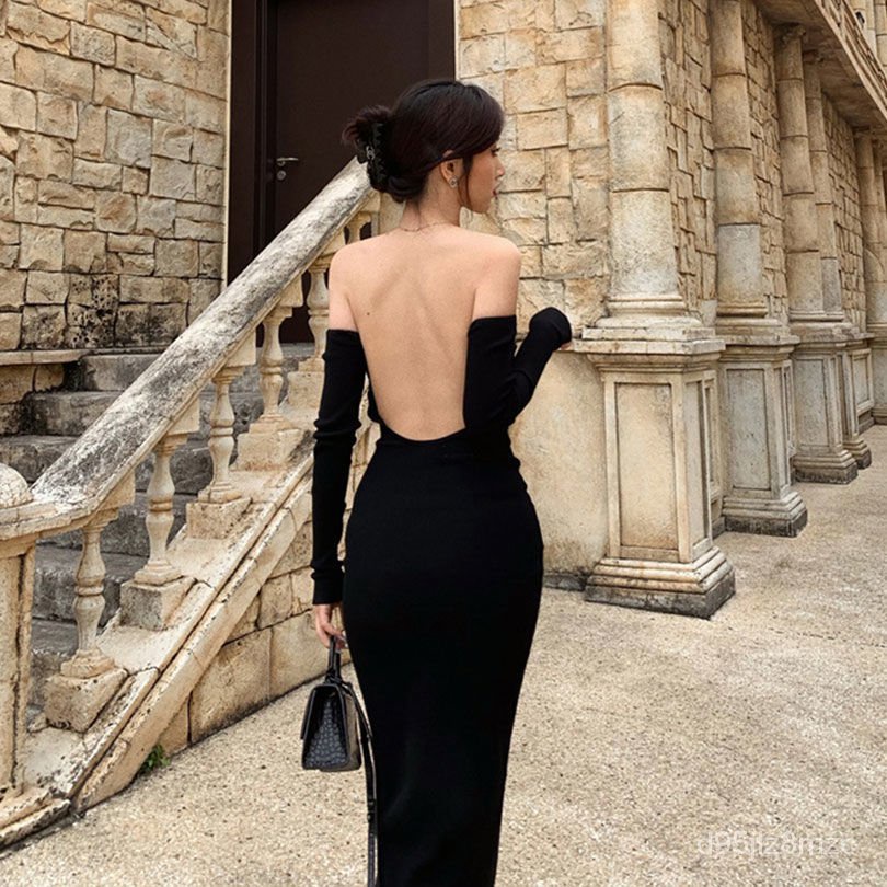 Ready Black Retro Sexy Backless Tube Top Knitted off-Shoulder Sheath Dress Long Sleeve Dress