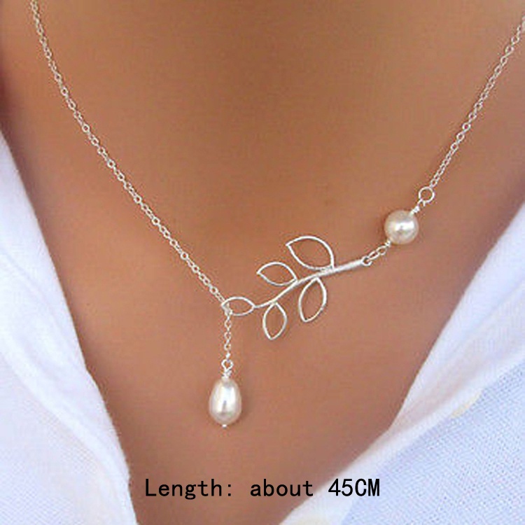New Lady's Chic Simple Leaves Pearl Statement Choker Silver Chain Necklace Gift