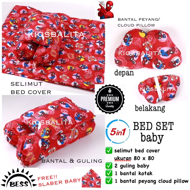 FREE SLABER BABY!! 5IN1 PAKET Baby Bed Set Bedcover Selimut+Bantal Cover Guling bantal peyang