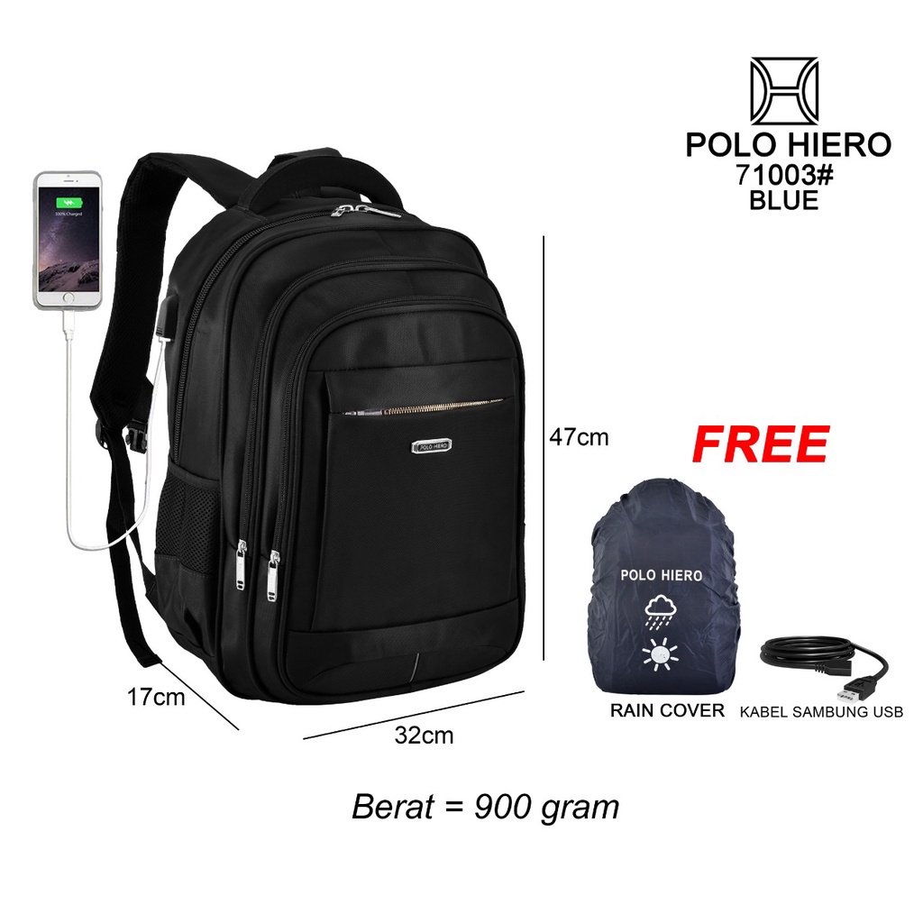 (RF) Tas Ransel Pria Polo Hiero 71003 Tas Laptop Sekolah Backpack (Free Rain Cover+USB Extension)