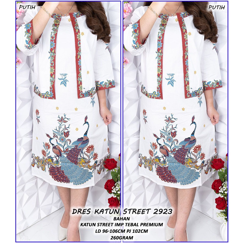 DRESS KATUN PUTIH MOTIF BATIK MERAK 2 MODEL DESIGN LENGAN PENDEK MIDI DRESS KASUAL DAN PESTA MEWAH F
