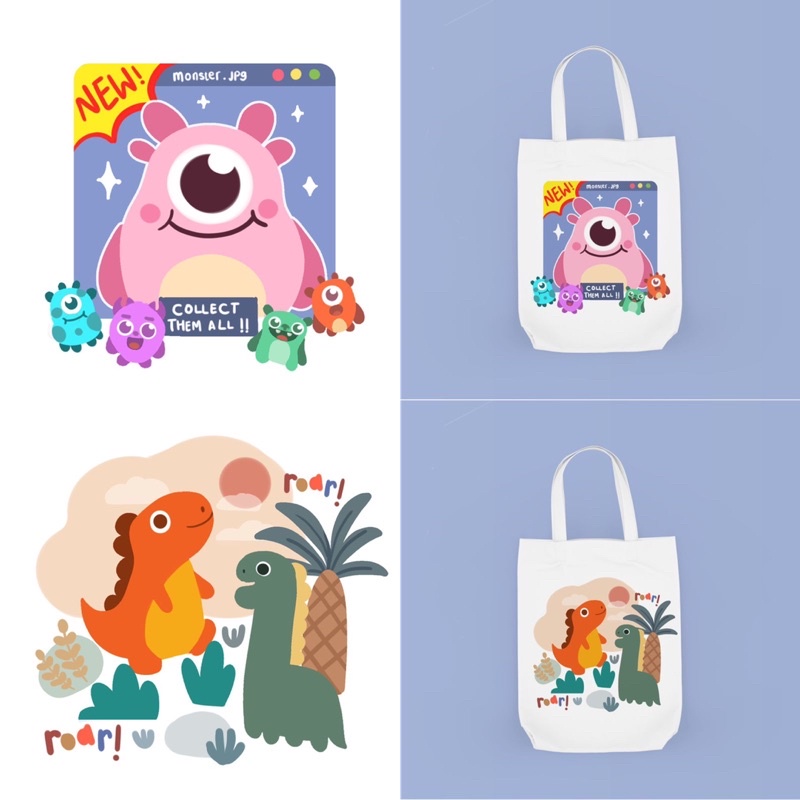 Tote Bag Bergambar Cute Karakter Dino/Monster/Zoo