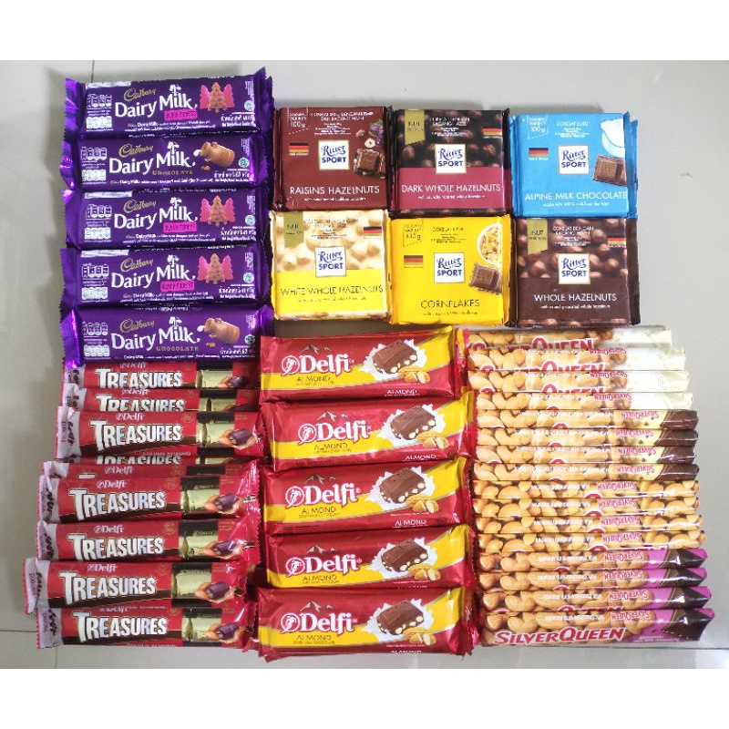 

SilverQueen - Ritter Sport - Delfi - Cadbury - Delfi Treasures - Van Houten - Greentea Matcha - Chunky bar - All varian Coklat