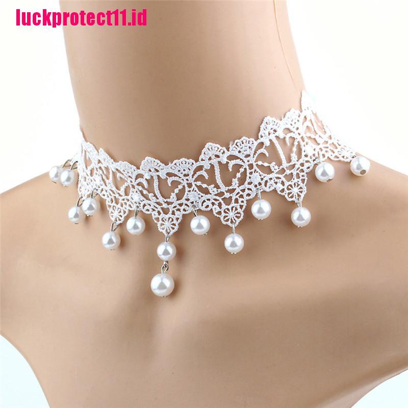 (LUCK) Kalung Choker Bahan Lace Hias Mutiara Gaya Trendy / Sexy / Romantis Kreatif Untuk Wanita