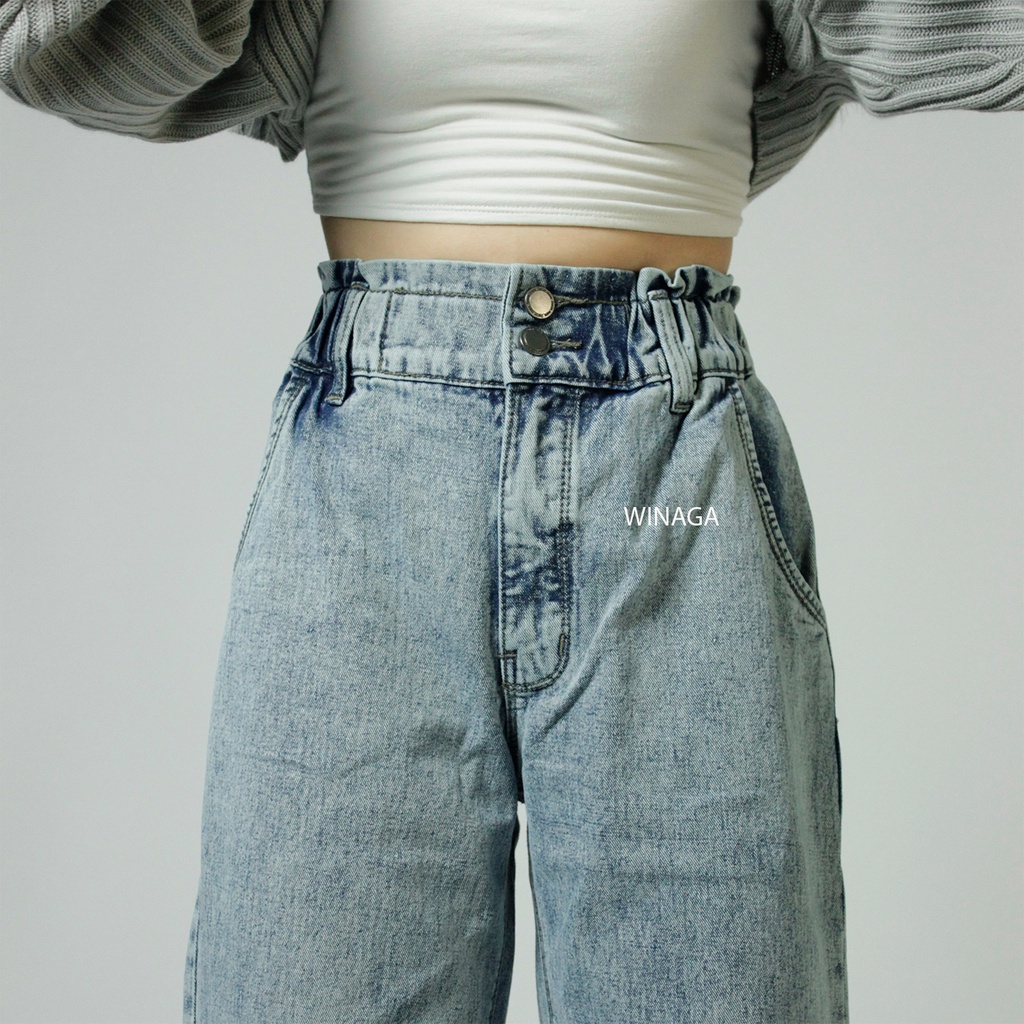 WINAGA- HighWaist Kulot Jeans Rawis Unfinished Pinggang Karet Kancing 2