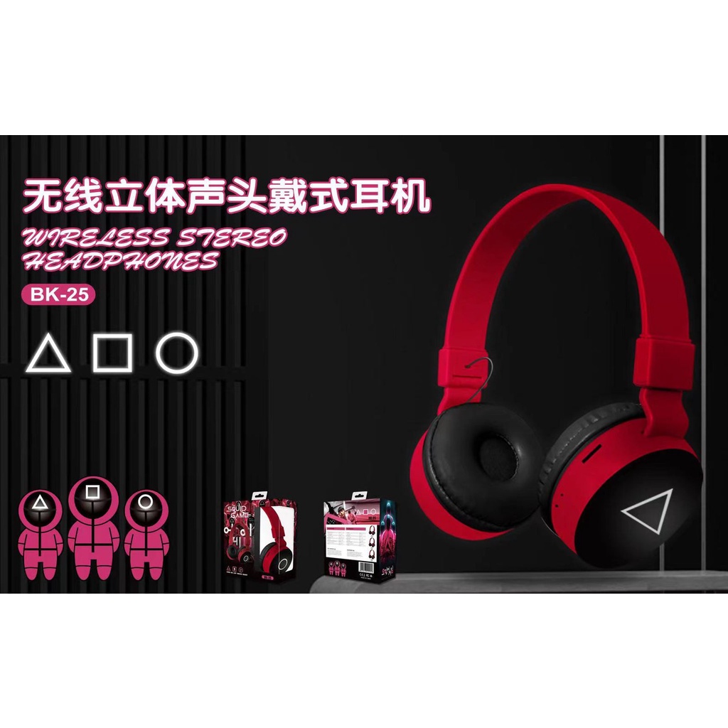 Headphone Bluetooth Squid Game BK-25 Wireless Headset On Ear Support SD Card Bluetooth Bando BK 25 / BK25