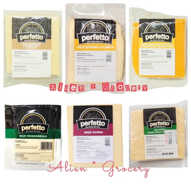 PERFETTO Cheese Keju Yellow Cheddar Gouda Emmental Mozarella Red Cheddar Edam Mild 250gr