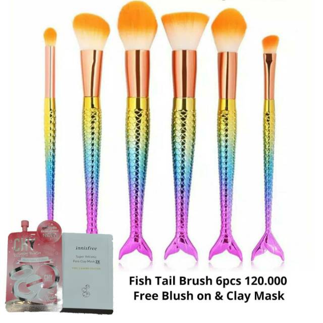 Brush Make up Set 6pcs lembut free blush on &amp; clay mask fish tail brush