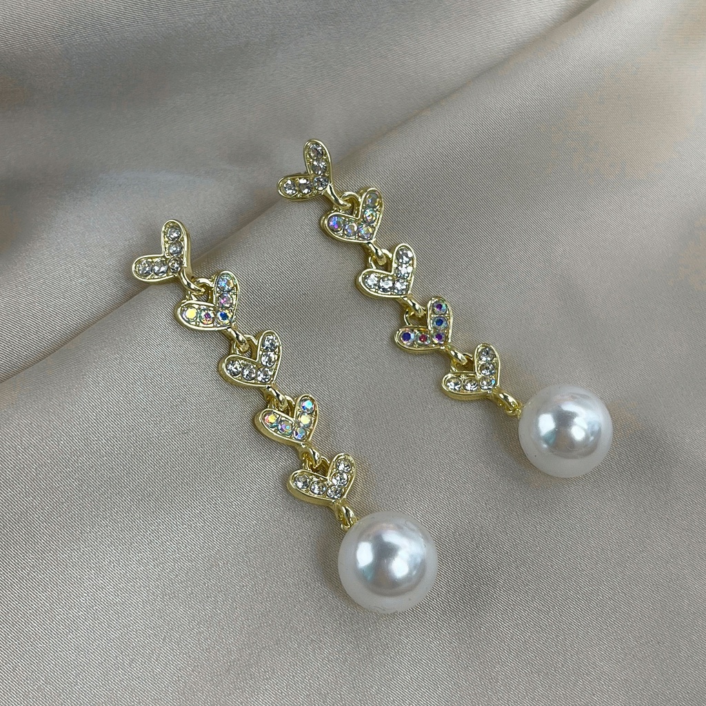 Anting Rumbai Panjang Desain Hati Aksen Mutiara Bahan Silver Needle Gaya Perancis Untuk Wanita