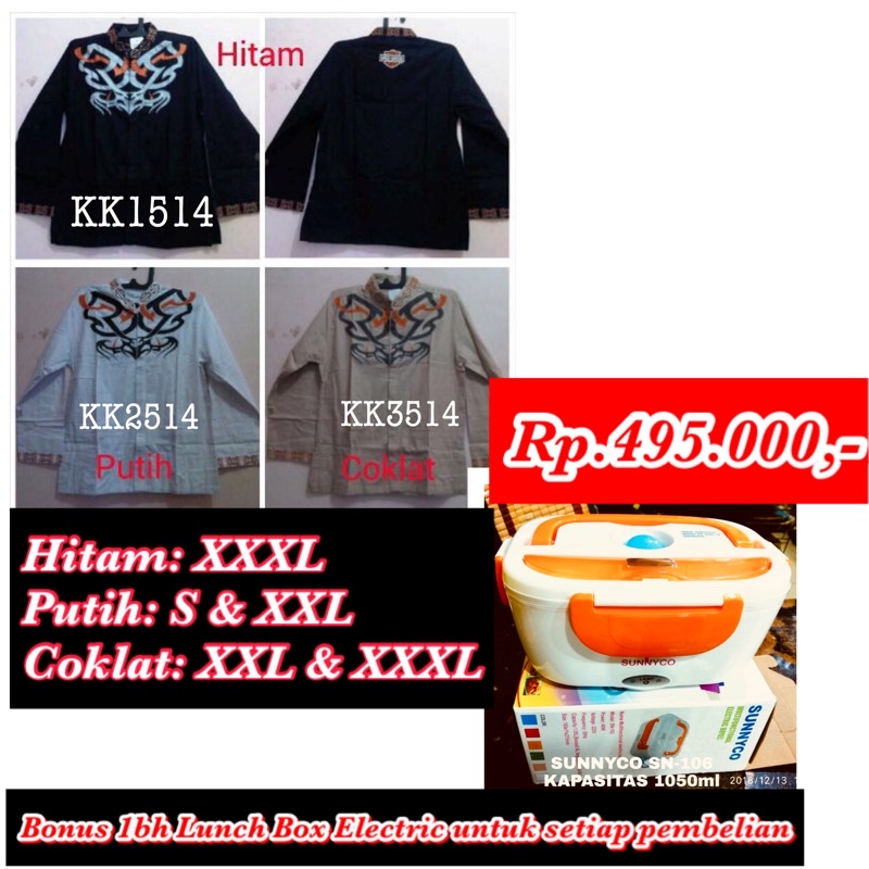 Baju Koko Harley Davidson Kemeja Muslim Harley Davidson bonus Lunch Box Electric