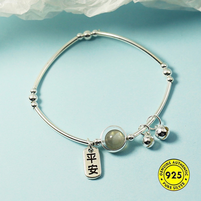 Gelang Tangan Silver Aksen Batu Bulan Natural Warna Abu-Abu Untuk Wanita