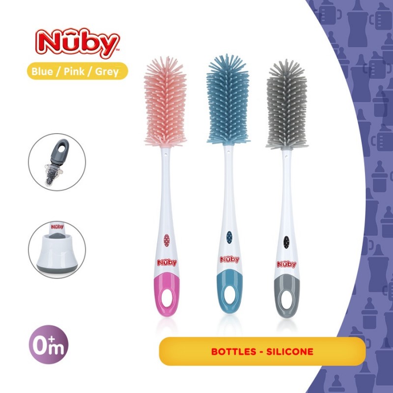 Nuby Silicone Bottle &amp; Nipple Brush Sikat Botol Bayi - Blue / Pink / Grey