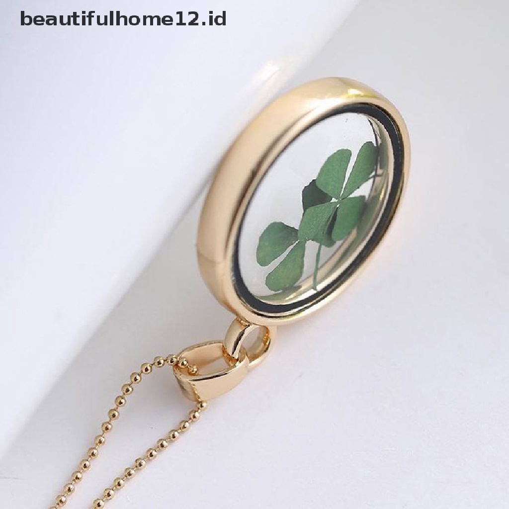 【beautifulhome12.id】 Natural Real Dried Clover Flower Clear Resin Locket Pendant Necklace Four-Leaf .