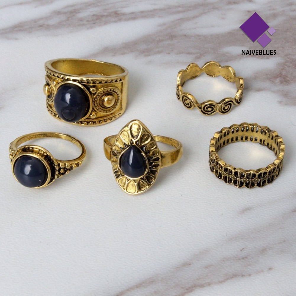 Naiveblue 5Pcs / Set Cincin Gaya Vintage Bohemia Aksen Batu Biru Untuk Perhiasan Wanita