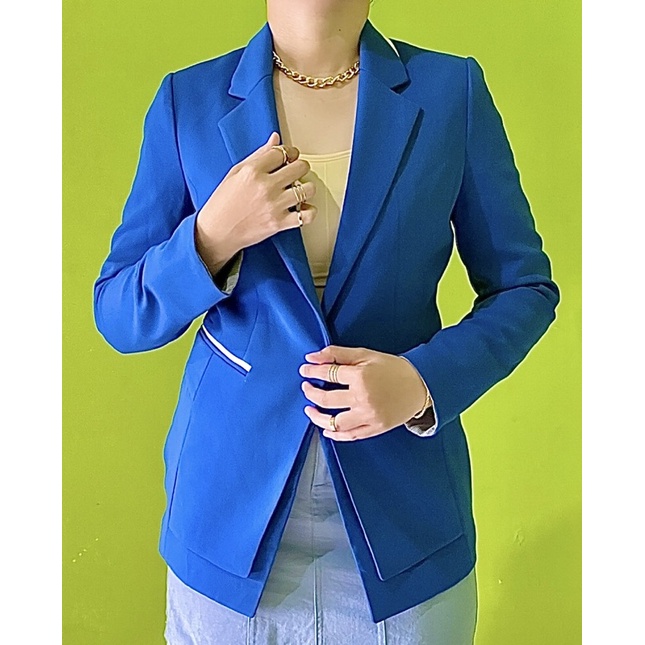 BLAZER OUTER WANITA SIMPLE ELEGANT DENGAN LIST KOMBINASI WARNA BIRU ELEKTRIK (BIREL)