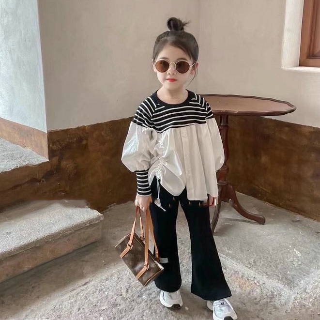 SSP37-Setelan Set Anak Perempuan Fashion Korean Stripe B&amp;W + Celana Kulot