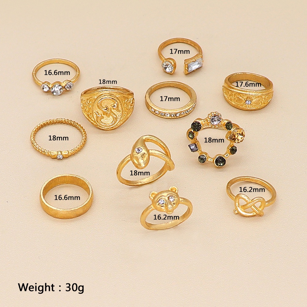 11 Pcs / set Cincin Emas Berlian Imitasi Pola Ular Beruang totem Naga Gaya Eropa Amerika